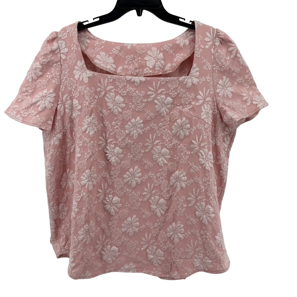 Danity Croquet 3XL Pink Floral Embossed Short‎ Sleeve Square Neck Blouse Top